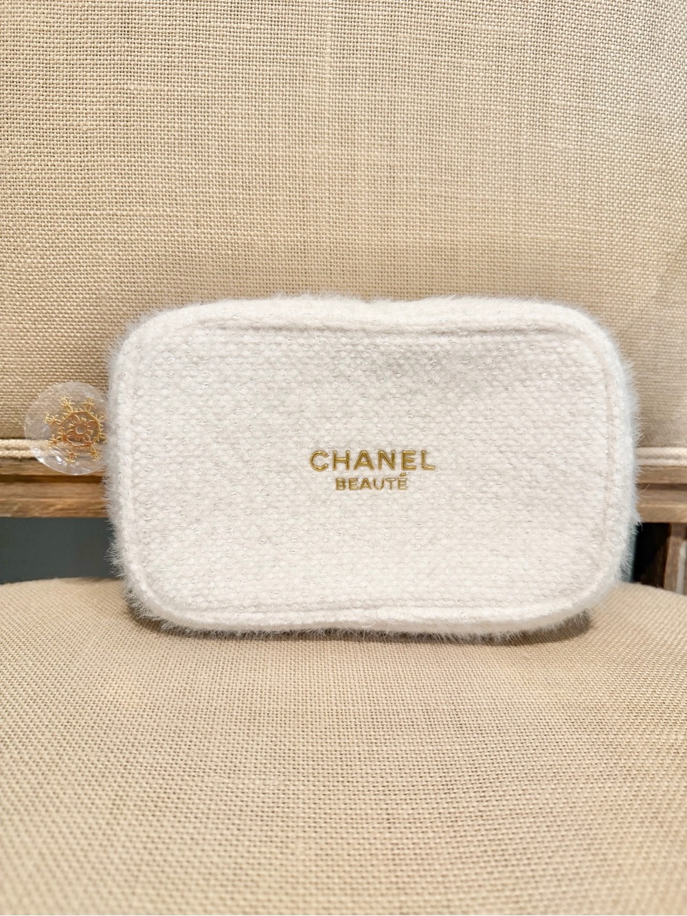 NWOT CHANEL Plush Cosmetic Pouch / Makeup Bag with Gold Logo